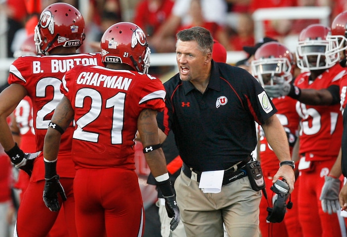 (Scott Sommerdorf | The Salt Lake Tribune) Kyle Whittingham gives Utah cornerback Lamar Chapman an earful during a game in 2009.
