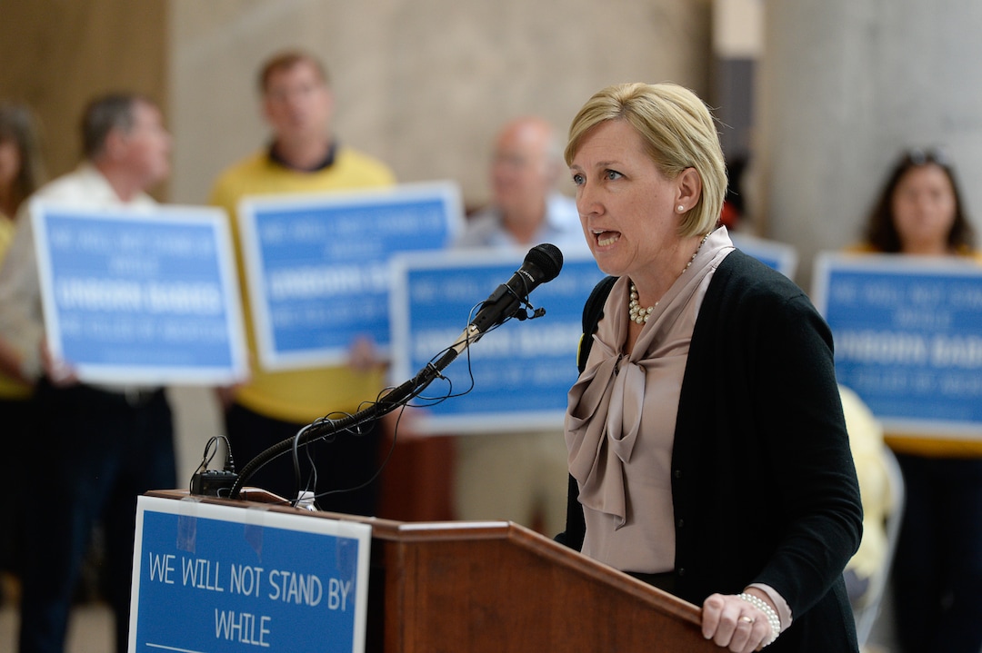 (Francisco Kjolseth  |  The Salt Lake Tribune)  Utah Rep. Karianne Lisonbee, R-Clearfield, speaks during an event put on by Abortion-Free Utah as it launches a public campaign to end elective abortion in the state of Utah during a press event in the rotunda of the Utah Capitol on Wed. June 19, 2019.
