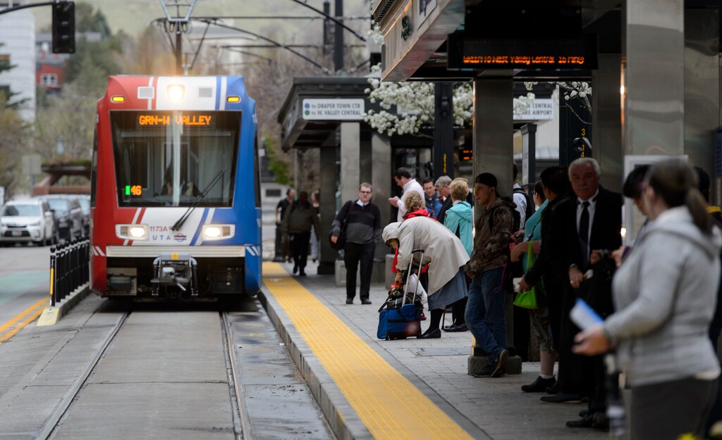 Steve Griffin  |  The Salt Lake TribuneA TRAX train pulls into the City Center TRAX station in Salt Lake City Wednesday March 22, 2017.