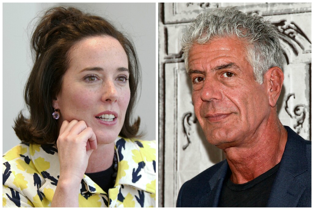 This combination of 2004 and 2016 file photos shows fashion designer Kate Spade and chef Anthony Bourdain in New York. A U.S. report released in June 2018 found an uptick in suicide rates in nearly every state since 1999. Middle-aged adults _ ages 45 to 64 _ had the largest rate increase. Bourdain was 61 and Spade was 55. (AP Photo/Bebeto Matthews, Andy Kropa/Invision)