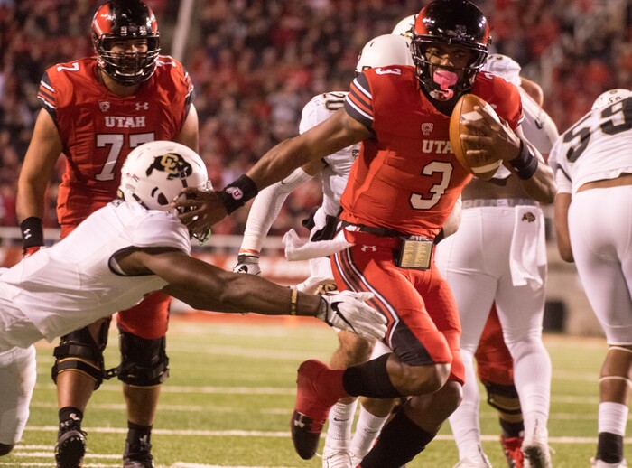 Utah quarterback Troy Williams (3) scores a touchdown for the Utes on a quarterback keeper, in PAC-12 football action Utah Utes vs. Colorado Buffaloes at Rice-Eccles stadium, Saturday, November 25, 2017.