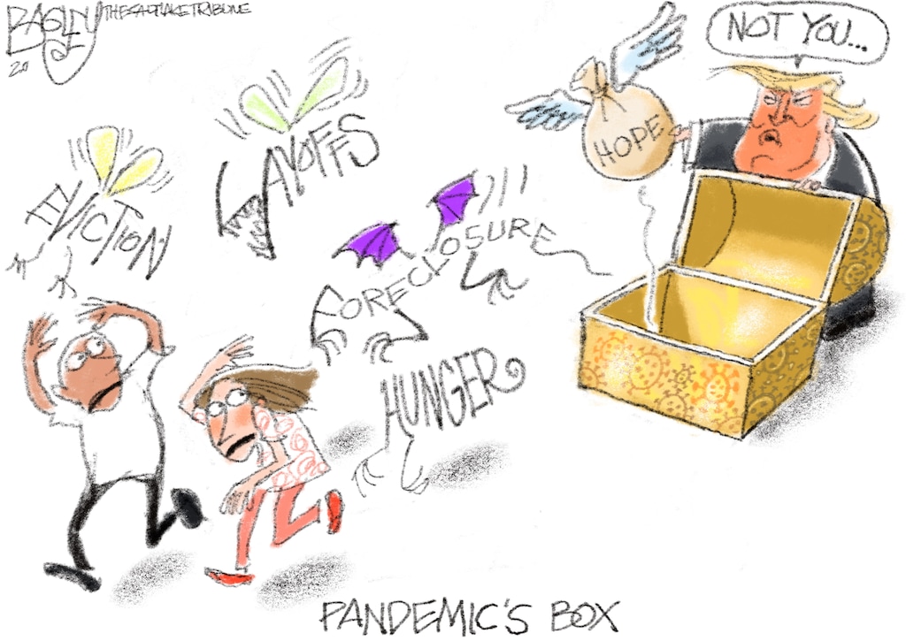 (Pat Bagley | The Salt Lake Tribune) This cartoon, titled "Pandemic's Box" appears in The Salt Lake Tribune on Sunday, Oct. 11, 2020.