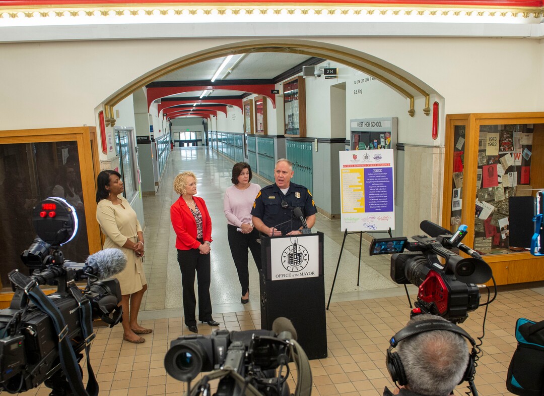 (Rick Egan  |  The Salt Lake Tribune)       Salt Lake City Police SRO Sgt. Phil Eslinger talks about the new school resource officer initiative at West High School, Tuesday, March 26, 2019.