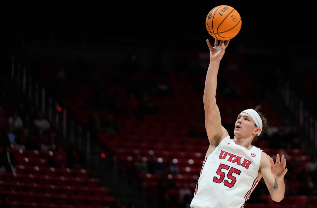 (Francisco Kjolseth | The Salt Lake Tribune) Utah Utes guard Gabe Madsen (55) goes for the three pointer as the University of Utah hosts Sam Houston in NCAA basketball in Salt Lake City on Thursday, Nov. 17, 2022.