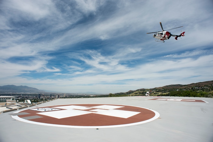 (Rick Egan  |  The Salt Lake Tribune)       An AirMed helicopter takes off from the helipad at the University of Utah. The University of Utah serves the single biggest geographic area of any academic medical center in the United States.  
Thursday, May 31, 2018.