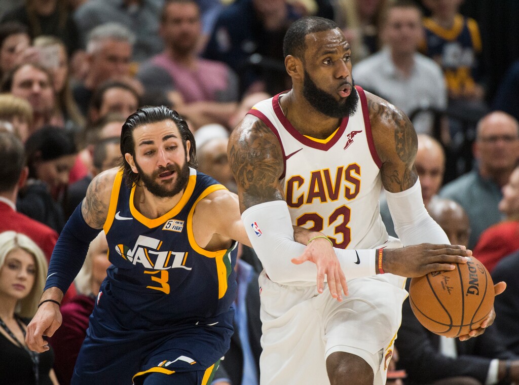 (Rick Egan  |  The Salt Lake Tribune)   Utah Jazz guard Ricky Rubio (3) tries to get the ball from Cleveland Cavaliers forward LeBron James (23), in NBA action Utah Jazz vs Cleveland Cavaliers, in Salt Lake City,  Saturday, December 30, 2017.