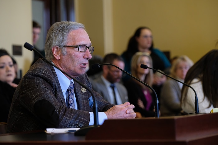 (Francisco Kjolseth  |  The Salt Lake Tribune)  Rep. Gage Froerer, R-Huntsville, presents HB379, which would end the death penalty in Utah, before the House Law Enforcement and Criminal Justice Standing Committee on Wednesday, Feb. 21, 2018. 