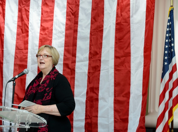 (Steve Griffin  |  The Salt Lake Tribune)  Justice Christine Durham reads the Preamble Of The Constitution to Midvale Middle School children and other guests as the Utah State Courts celebrate Constitution Day in the rotunda of the Matheson Courthouse in Salt Lake City Friday September 15, 2017.

