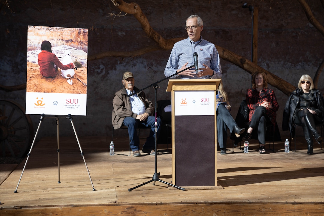 (Photo courtesy of Southern Utah University) SUU President Scott Wyatt talks about a new partnership with Best Friends Animal Society Tuesday, Dec. 12, 2019.