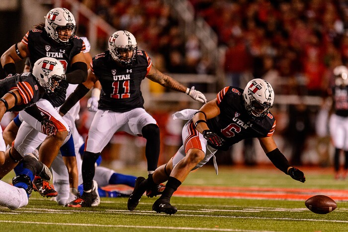 (Trent Nelson | The Salt Lake Tribune) Utah's Bradlee Anae chases down a fumble as the Utah Utes host the San Jose State Spartans, NCAA football at Rice-Eccles Stadium in Salt Lake City, Saturday September 16, 2017.