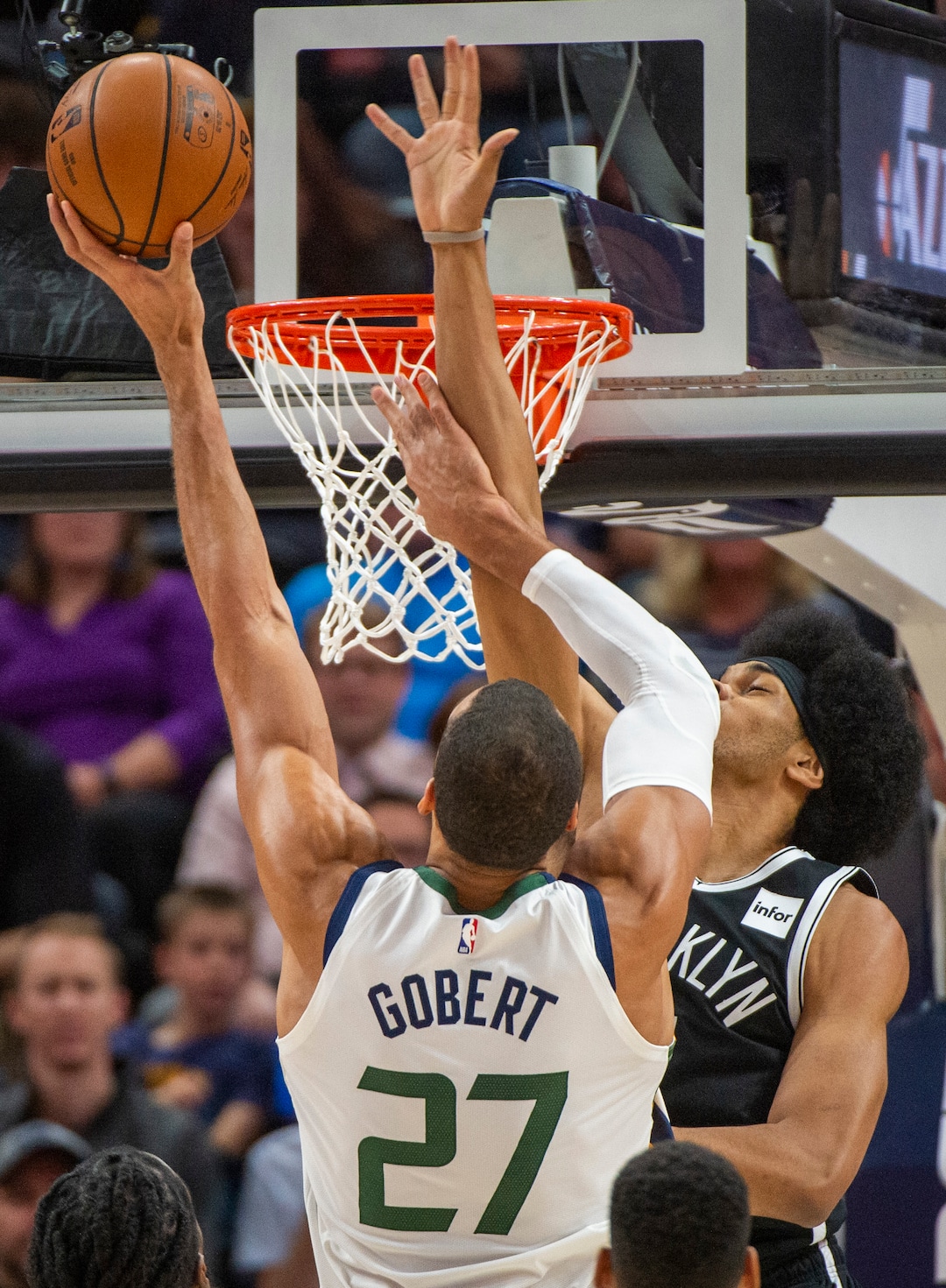 (Rick Egan  |  The Salt Lake Tribune)        Brooklyn Nets center Jarrett Allen (31) defends as Utah Jazz center Rudy Gobert (27) takes a shot, in NBA basketball action between the Utah Jazz and the Brooklyn Nets in Salt Lake City, Tuesday, Nov 12, 2019.