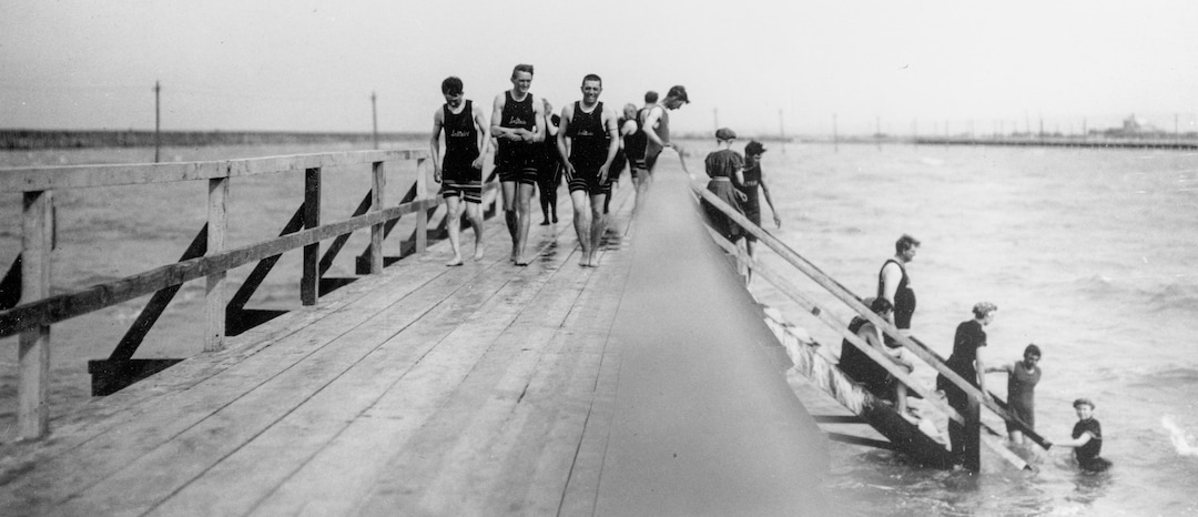 (Utah State Historical Society) Saltair I bathers, dressed for a day of swimming and fun in salty water.