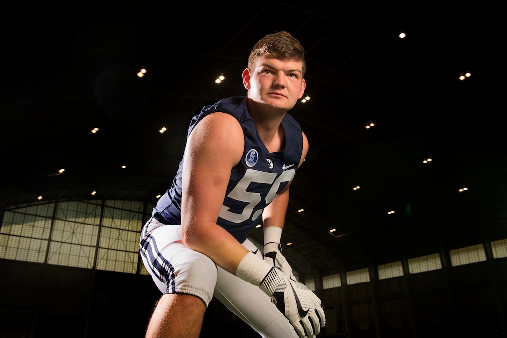 (Leah Hogsten  |  The Salt Lake Tribune) Brigham Young University offensive lineman Thomas Shoaf, Wednesday, August 2, 2017 during BYU's annual football photo day in the Indoor Practice Facility (IPF) on campus.
