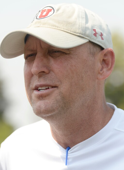 Leah Hogsten  |  The Salt Lake Tribune  University of Utah  offensive coordinator and quarterbacks coach Troy Taylor during practice Monday, August 6, 2018. 