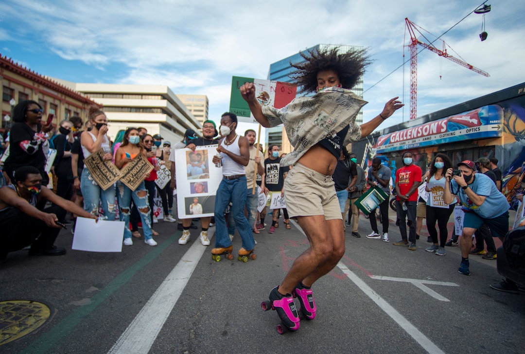 (Rick Egan  |  The Salt Lake Tribune) Protesters dance in the streets of Salt Lake City during a march for racial justice on Saturday, June 20, 2020.