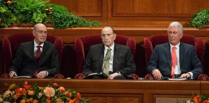 Leah Hogsten  |  The Salt Lake Tribunel-r First Counselor Henry B. Eyring, President Thomas S. Monson and Second Counselor Dieter F. Uchtdorf during the morning session of the 186th Semiannual General Conference of The Church of Jesus Christ of Latter-day Saints at the Conference Center in Salt Lake City, October 1, 2016. 