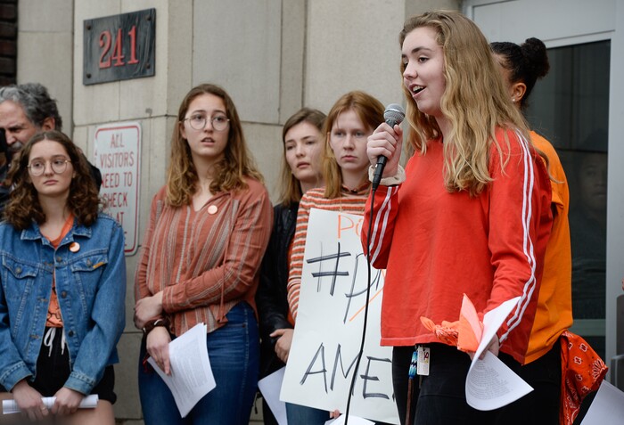 (Francisco Kjolseth  |  The Salt Lake Tribune)  West High School junior Zeia Woodruff, 16, encourages her fellow students to register to vote during a student walkout on Wed. March 14, 2018. Students in Utah and around the country planned the large-scale coordinated demonstration to protest gun violence and memorialize victims of last month's mass shooting at Marjory Stoneman Douglas High School in Parkland, Fla.