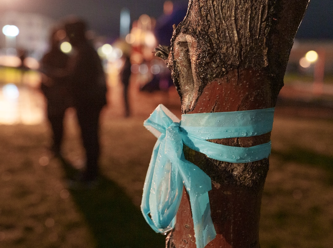 (Leah Hogsten | The Salt Lake Tribune) Blue autism awareness ribbons were tied around the gazebo as hundreds mourned the death of 10-year-old Isabella "Izzy" Tichenor, Nov. 9, 2021 during a vigil at Foxboro Hollow Park in North Salt Lake.