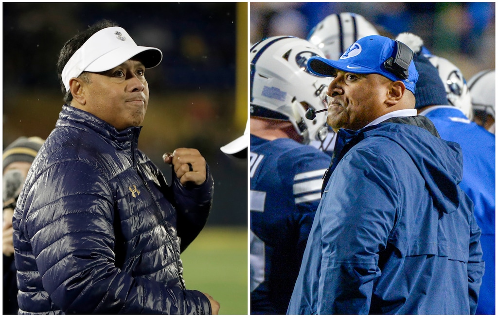 (AP file photos) Navy head football coach Ken Niumatalolo, left, and BYU head football coach Kalani Sitake.