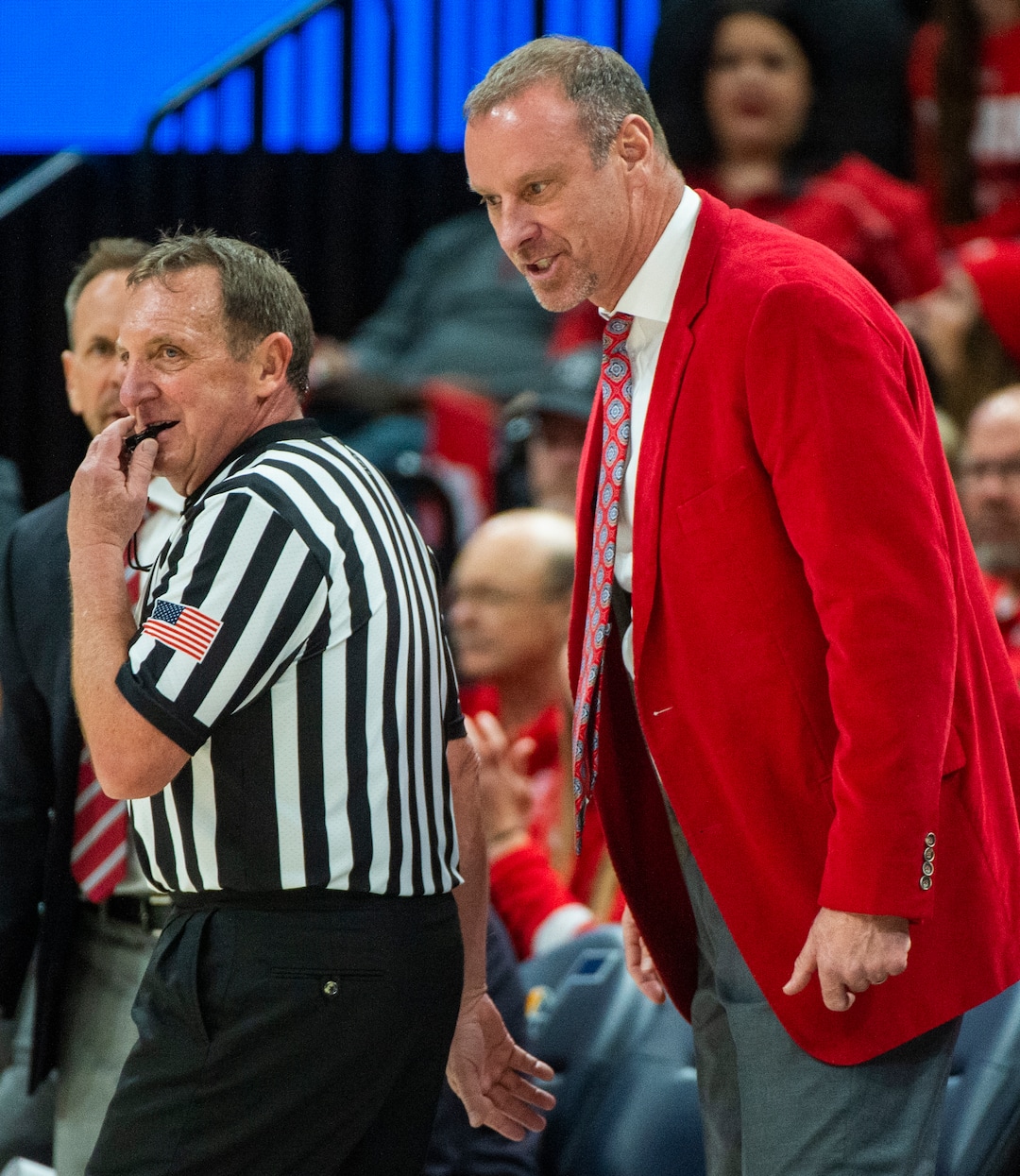(Rick Egan  |  The Salt Lake Tribune)   Utah Utes head coach Larry Krystkowiak yells at the official,  in basketball action in the Beehive Classic, between against the Brigham Young Cougars and Utah Utes, at the Vivint Smart Home Arena, Saturday December 8, 2018.