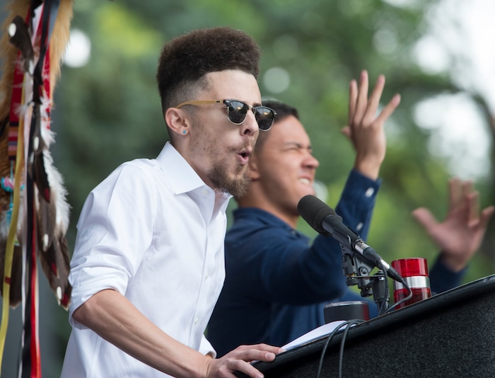 (Rick Egan  |  The Salt Lake Tribune)  Ian De Oliveria gives a speech at the Charlottesville Va. solidarity rally, hosted by Utah League of Native American Voters, at the City and County Building, Monday, August 14, 2017.


