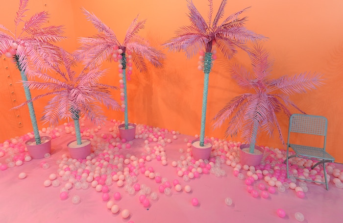 (Francisco Kjolseth  |  The Salt Lake Tribune) Pink palm trees decorate the fruit room at Hall of Breakfast, a quirky new art exhibit that celebrates the first meal of the day.