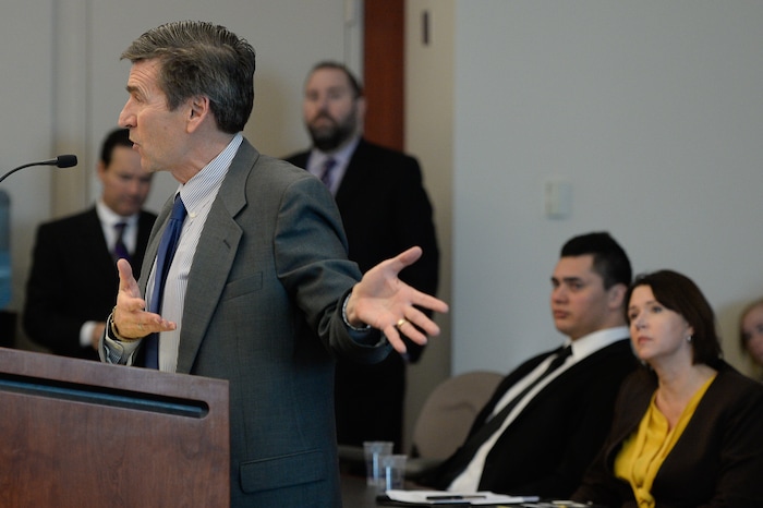 (Francisco Kjolseth  |  The Salt Lake Tribune)  Defense attorney Greg Skordas goes before the judge during sentencing hearing for former Brighton High and University of Southern California linebacker Osa Masina charged for sexual battery at the Matheson Courthouse in Salt Lake City on Tuesday, Dec. 5, 2017. Masina was sentenced to 365 days in jail, followed by two years on probation and won't be required to register as a sex offender.