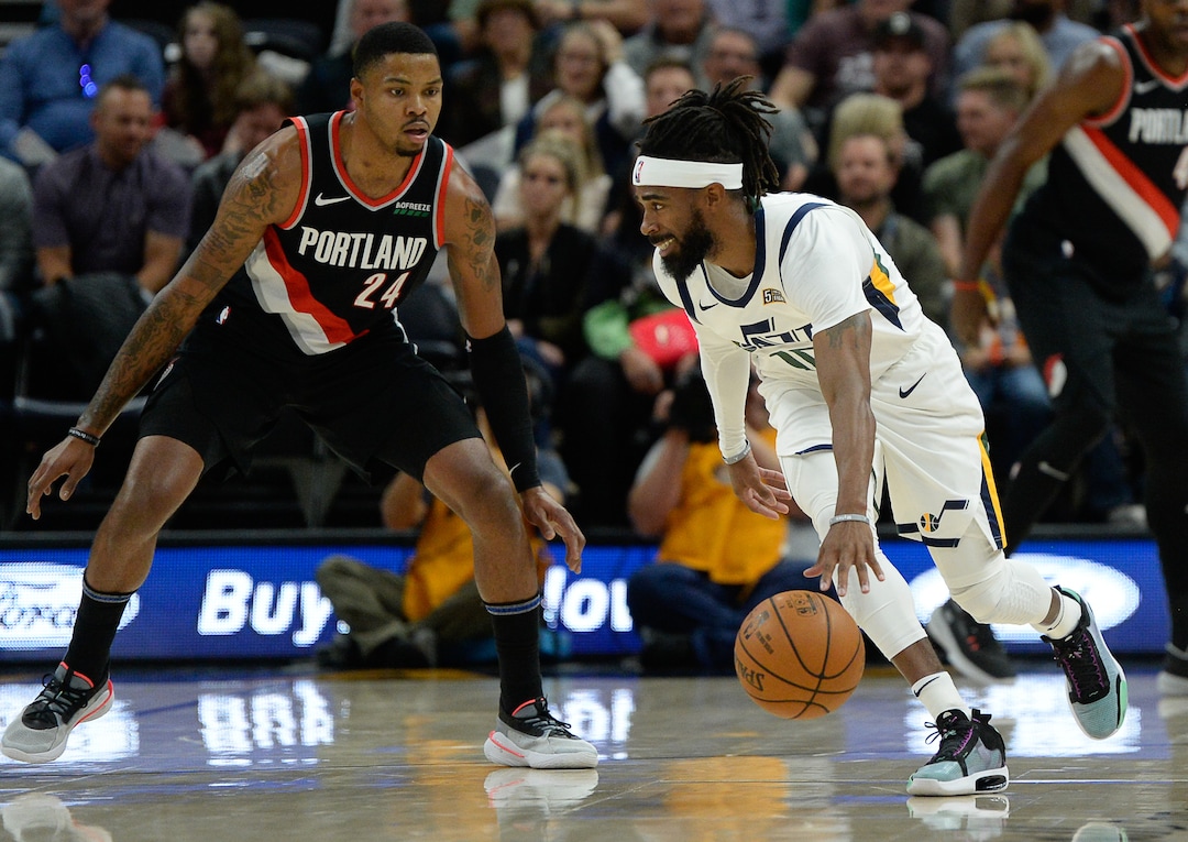 (Francisco Kjolseth  |  The Salt Lake Tribune)  Utah Jazz guard Mike Conley (10) looks for an opening as the Utah Jazz host the Portland Trailblazers in their NBA basketball game at Vivint Smart Home Arena in Salt Lake City on Wed. Oct. 16, 2019.