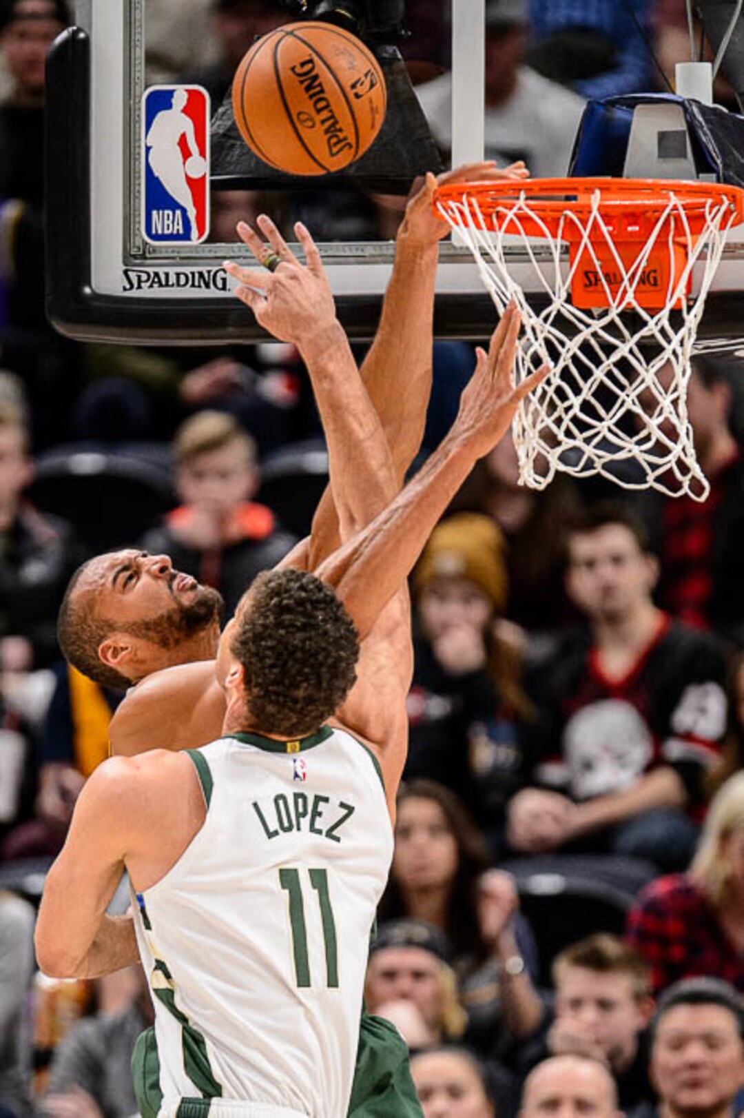 (Trent Nelson | The Salt Lake Tribune)  Milwaukee Bucks center Brook Lopez (11) blocks a shot by Utah Jazz center Rudy Gobert (27) as the Utah Jazz host the Milwaukee Bucks, NBA basketball in Salt Lake City on Saturday March 2, 2019.