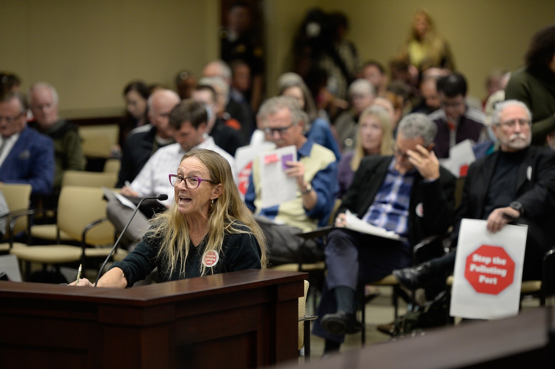 (Francisco Kjolseth  |  The Salt Lake Tribune)  Monica Hilding speaks in opposition to the inland port as the Utah Inland Port Authority meets for the first time since its June meeting was disrupted by protestors at the Utah Capitol on Thursday, Oct. 17, 2019.