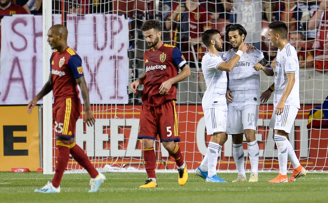 (Francisco Kjolseth  |  The Salt Lake Tribune)  Los Angeles FC forward Carlos Vela (10) celebrates his penalty kick goal against Real Salt Lake goalkeeper Nick Rimando (18) as Real Salt Lake hosts Los Angeles FC at Rio Tinto Stadium in Sandy on Saturday, Aug. 17, 2019.