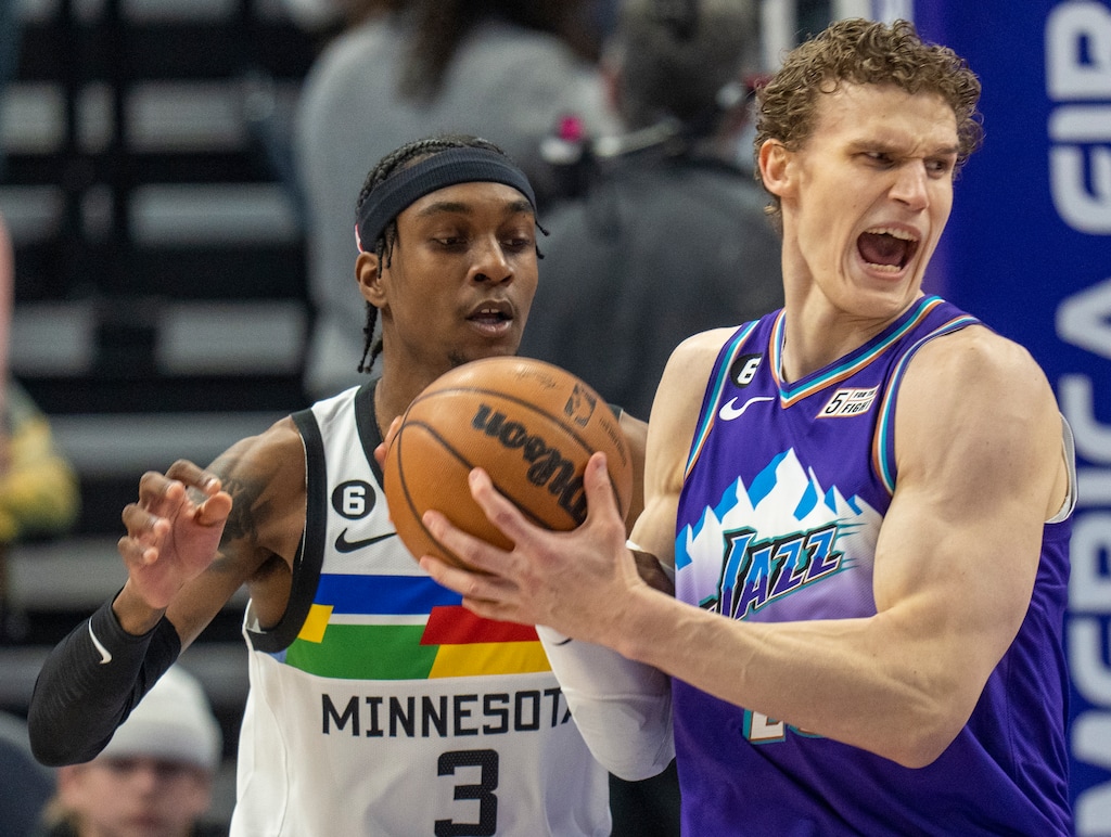 (Rick Egan | The Salt Lake Tribune) Utah Jazz forward Lauri Markkanen (23) is guarded by Minnesota Timberwolves forward Jaden McDaniels (3), in NBA action between the Utah Jazz and the Minnesota Timberwolves at Vivint Arena, on Thursday, Feb. 8, 2023.