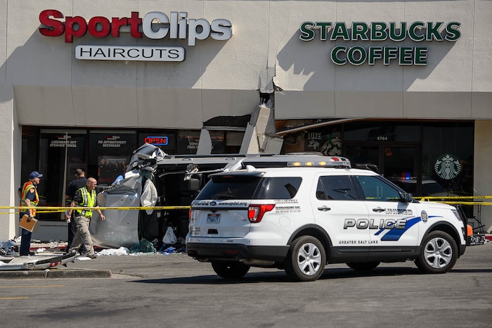 (Trent Nelson | The Salt Lake Tribune)
One person was killed, and several injured, when a car drove into a Starbucks parking lot and into a patio Friday June 8, 2018 in Holladay.