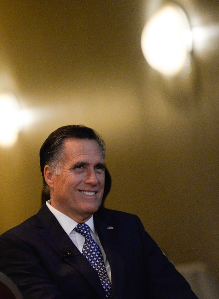 (Francisco Kjolseth  |  The Salt Lake Tribune)  Mitt Romney gets ready to speak at the Utah Economic Outlook & Policy Summit 2018, hosted by the Salt Lake Chamber at the Salt Lake City Marriott Downtown at City Creek on Tuesday, Jan. 16, 2018. 