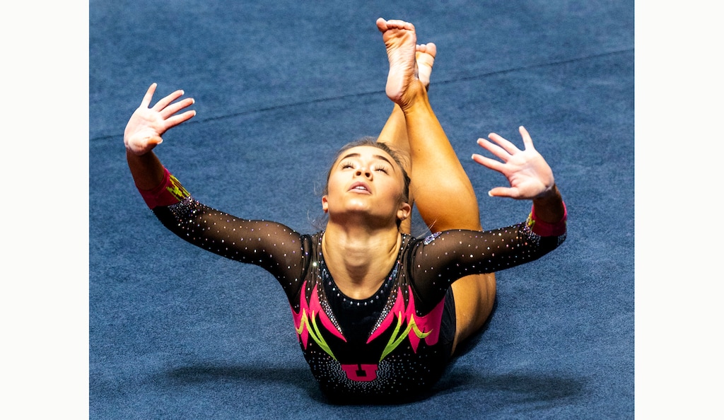 (Rick Egan | The Salt Lake Tribune) Sydney Soloski competes on the floor for Utah, in PAC-12 gymnastics action Utah vs Arizona, at the Huntsman Center onSaturday, Jan. 23, 2021.