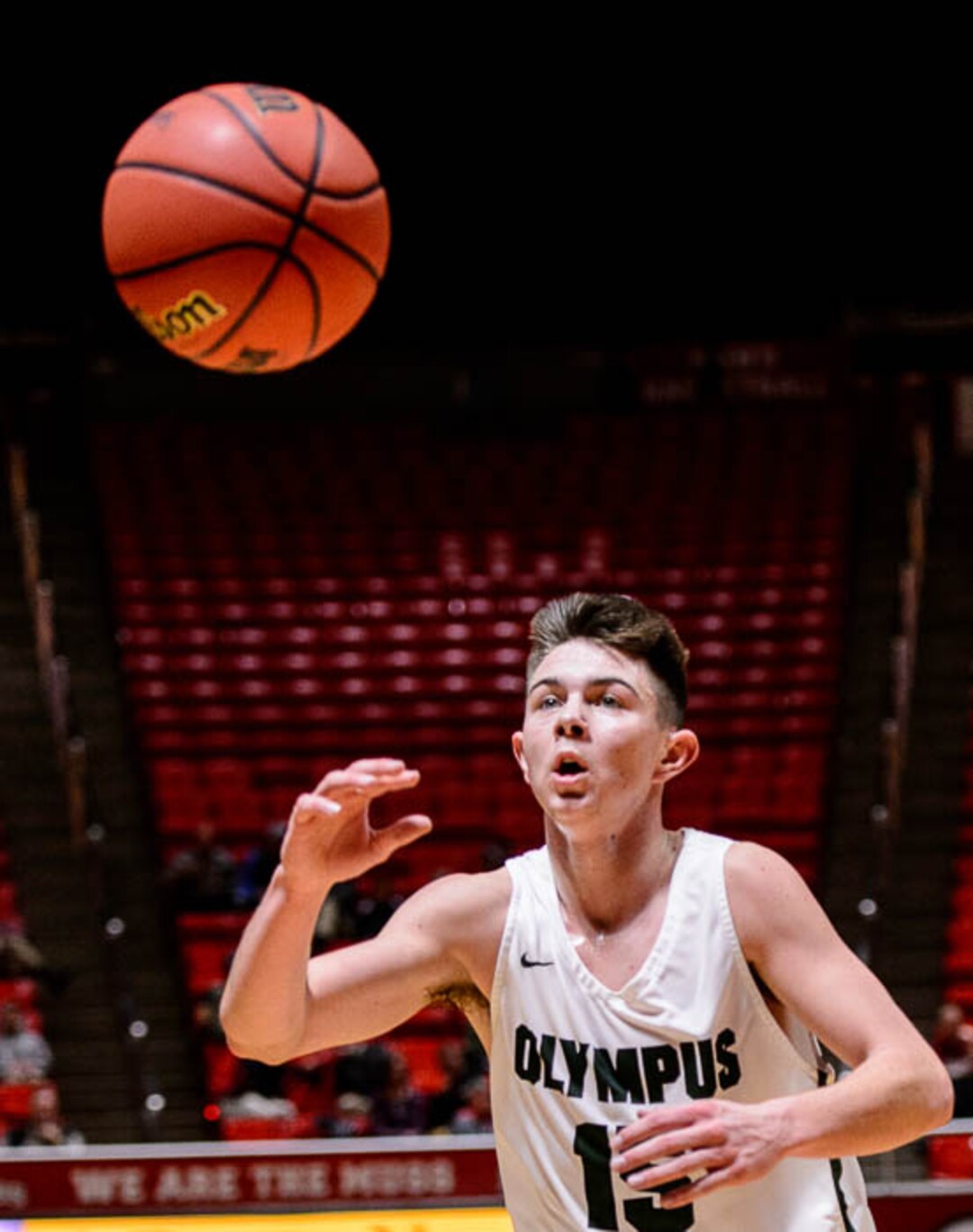 (Trent Nelson | The Salt Lake Tribune)  Viewmont vs. Olympus, 5A State high school basketball tournament at the Huntsman Center in Salt Lake City, Wednesday Feb. 28, 2018. Olympus's Rylan Jones (15).