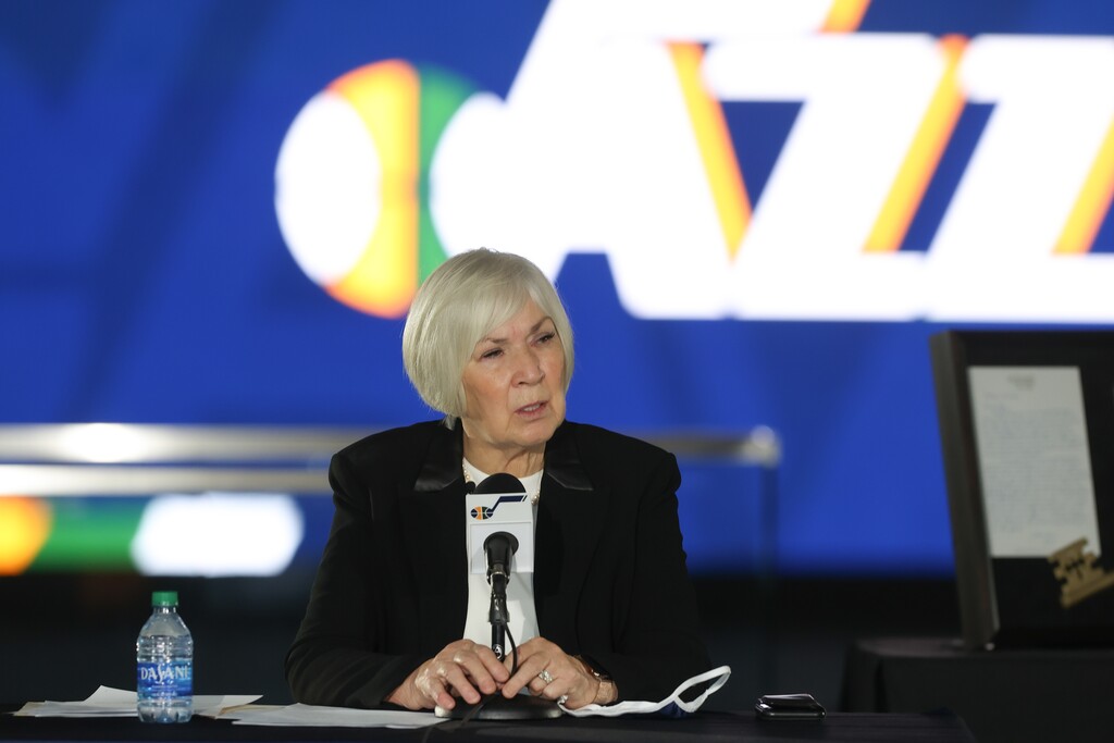 (Photo courtesy Utah Jazz/Melissa Majchrzak) Gail Miller, owner and chair of the Larry H. Miller Group of Companies and the Utah Jazz speaks at a news conference where she announced agreements to sell a majority interest in the Utah Jazz and other sports to Ryan Smith at vivint.SmartHome Arena on October 28, 2020 in Salt Lake City, Utah. 