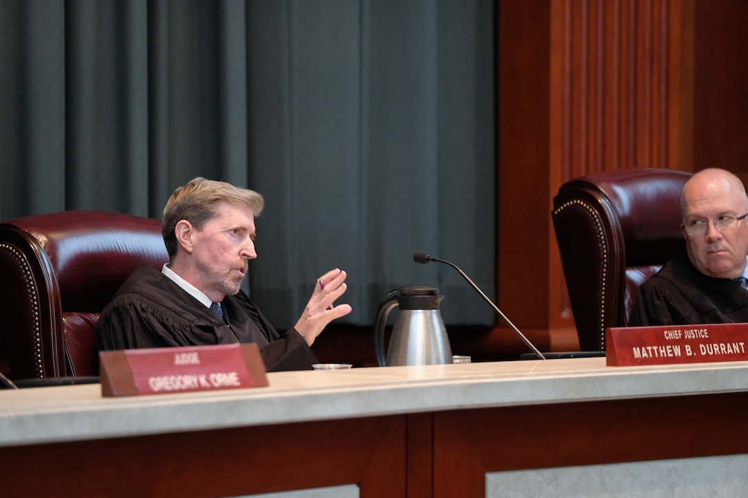 (Francisco Kjolseth  |  The Salt Lake Tribune)  Chief Justice Matthew B. Durrant of the Utah Supreme Court asks a question as the court hears the appeal filed by BYU lawyers in 2018 after a 3rd District judge ruled that the private universityÕs police force is a governmental entity that has to follow the same rules for transparency as other police departments across the state on Friday, Oct. 4, 2019. The Salt Lake Tribune's lawsuit involved whether BYU police should be subject to Utah's open records laws.