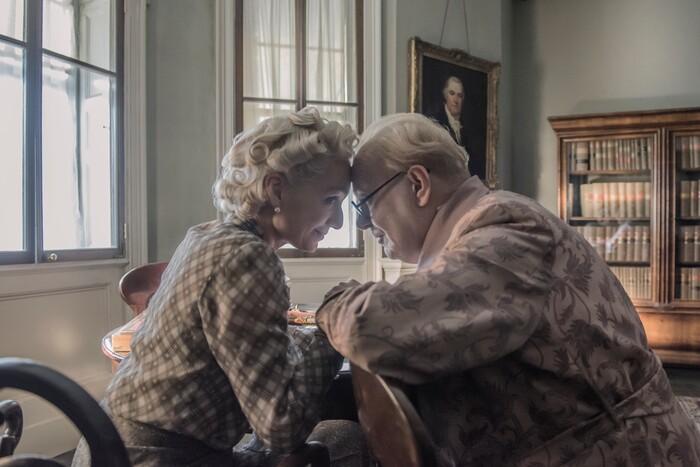 This image released by Focus Features shows Kristin Scott Thomas as Clementine, left, and Gary Oldman as Winston Churchill in a scene from "Darkest Hour." (Jack English/Focus Features via AP)