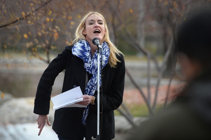 (Scott Sommerdorf   |  The Salt Lake Tribune)   
Heather "Dooce" Armstrong speaks during the 8th annual mass resignation in City Creek Park, Sunday, November 5, 2017. 
