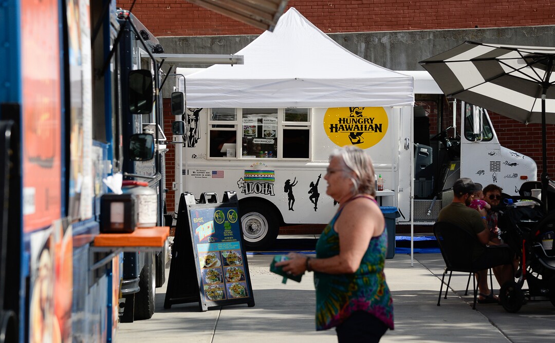 (Francisco Kjolseth  |  The Salt Lake Tribune)  Trolley Square Food Truck Night draws people in on Wednesday, July 17, 2019. Three of the vendors that showed up, along with four others, will vie for the title of Best New Food Truck on Aug. 3 at the Food Truck and Brewery Battle at The Gateway.