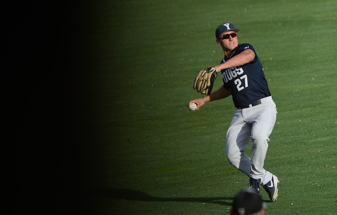 (Francisco Kjolseth  |  The Salt Lake Tribune)  BYU's Ryan Sepede gets it back from the outfield as Utah and BYU renew their rivalry on the baseball diamond as they battle it out at Smith's Ballpark in Salt Lake City on Tuesday, May 14, 2019.