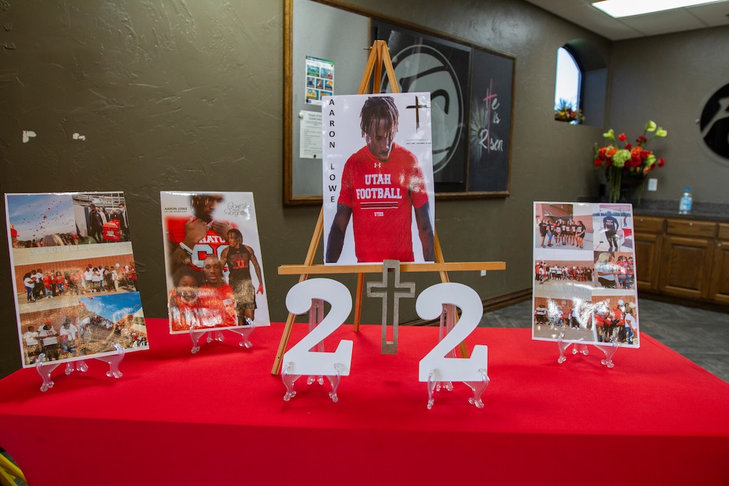 Jaime R. Carrero| Special to The TribunePhotographs commemorating the life and achievements of University of Utah cornerback Aaron Marquez Lowe are displayed in the foyer of the Family Cathedral of Faith in Mesquite Texas where his funeral took place. Lowe was shot at an after game party on September 26, 2021 in Salt Lake City.
