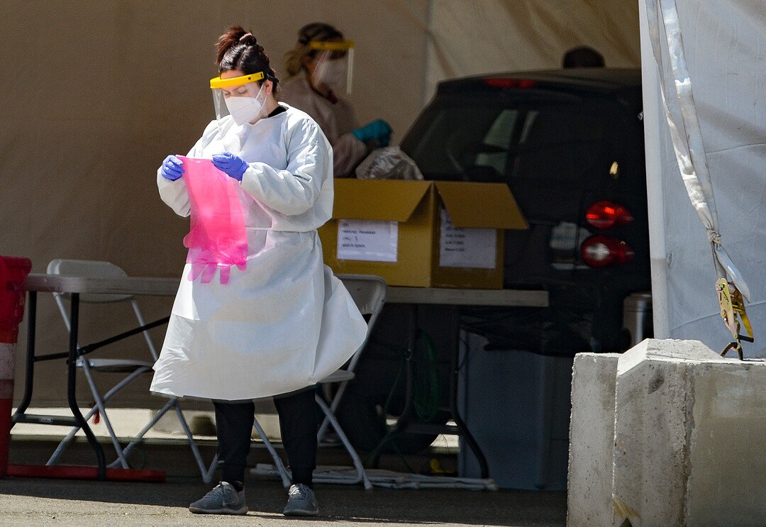 (Francisco Kjolseth | The Salt Lake Tribune) Testing for COVID-19 is performed at the Wasatch County Event Center in Heber City on Wednesday, April 22, 2020, under one of the TestUtah.com contracts the state has with Nomi Health.