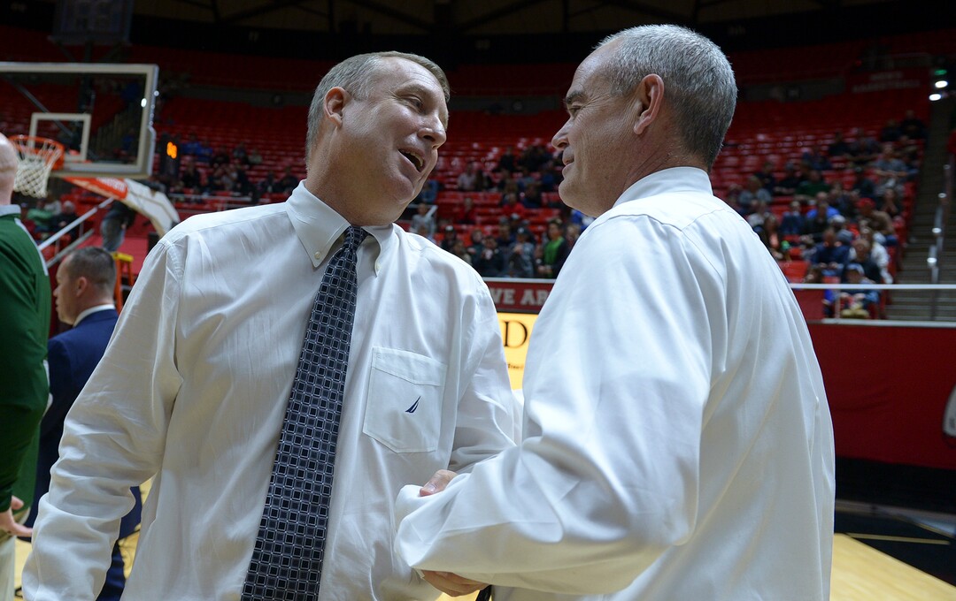 (Leah Hogsten  |  The Salt Lake Tribune) Olympus' head coach Matt Barnes and Corner Canyon's head coach Dan Lunt. Olympus defeated Corner Canyon 76-49 to win the 5A High School Boys’ Basketball Tournament Championship at the Jon M. Huntsman Center in Salt Lake City,  Saturday, March 3, 2018. 