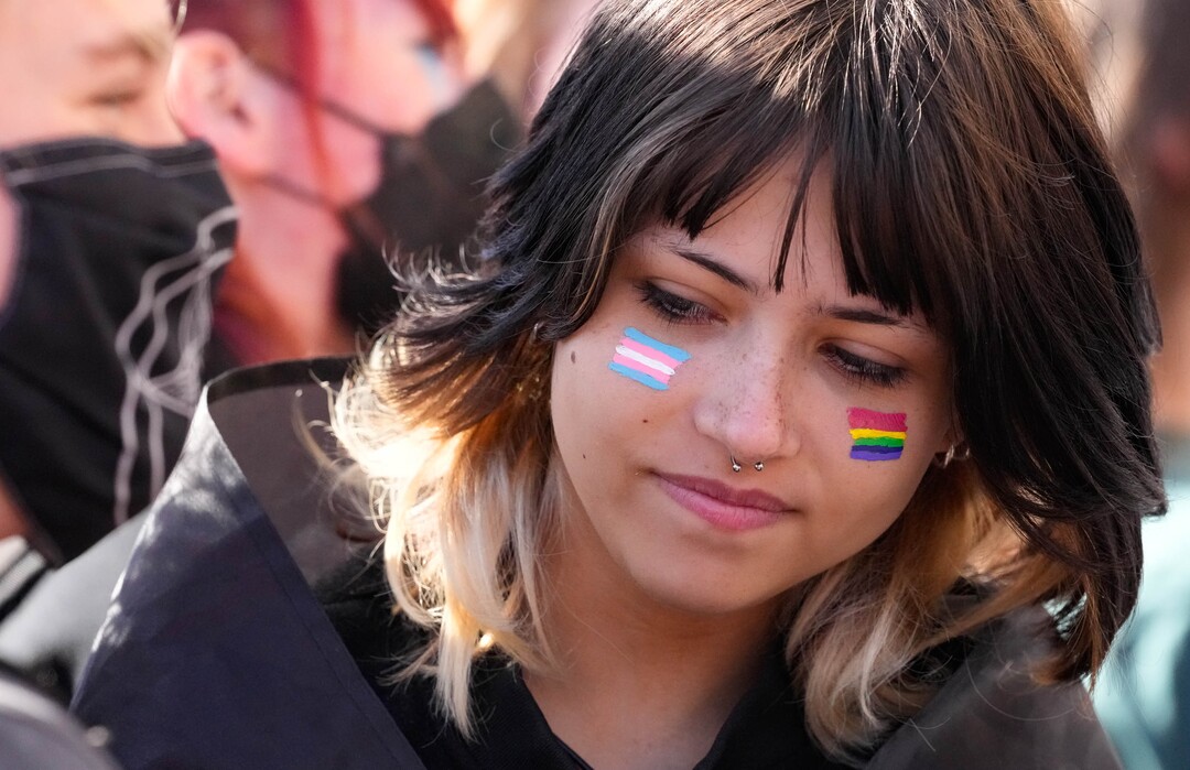 (Francisco Kjolseth | The Salt Lake Tribune) Ley Shams, 16, joins other students at West High School as they stage a walkout on Wednesday, April 6, 2022 to protest HB11, which bans transgender girls from participating in female school sports.