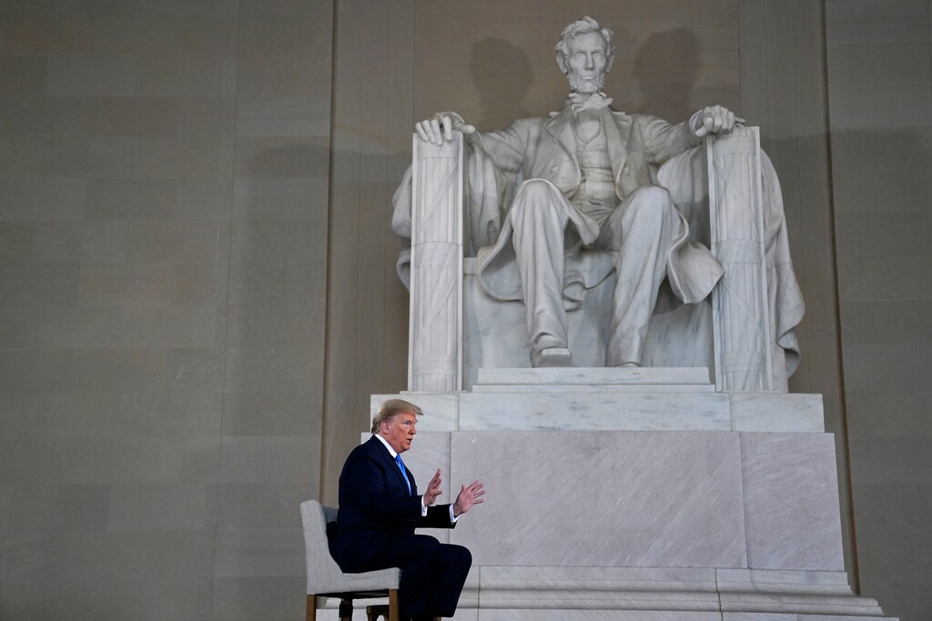 (Evan Vucci | AP) President Donald Trump speaks during a Fox News virtual town hall from the Lincoln Memorial, Sunday, May 3, 2020, in Washington.