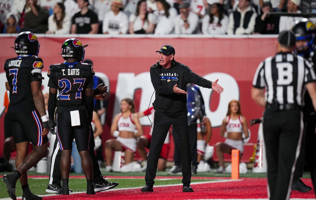 (Bethany Baker  |  The Salt Lake Tribune) Kansas Jayhawks head coach Lance Leipold is called for unsportsmanlike conduct following a play during the game between the Utah Utes and the Kansas Jayhawks at Rice-Eccles Stadium in Salt Lake City on Saturday, Oct. 10, 2026.
