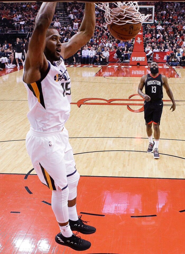 Utah Jazz forward Derrick Favors dunks during the first half in Game 5 of an NBA basketball second-round playoff series against the Houston Rockets, Tuesday, May 8, 2018, in Houston. (AP Photo/Eric Christian Smith)