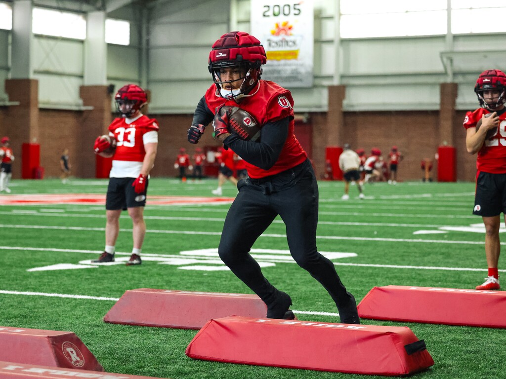 (Courtesy of Utah Athletics) Senior running back Micah Bernard performs a drill during the first day of Utah Utes spring football practices on Tuesday, March 12, 2024.